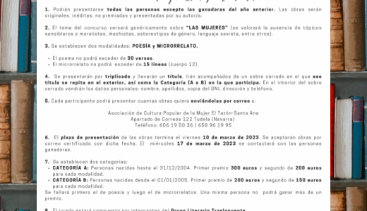 XIX Concurso de poesía y microrrelatos 'Las Mujeres' de la Asoc. de Cultura Popular de la Mujer El Tazón-Santa Ana